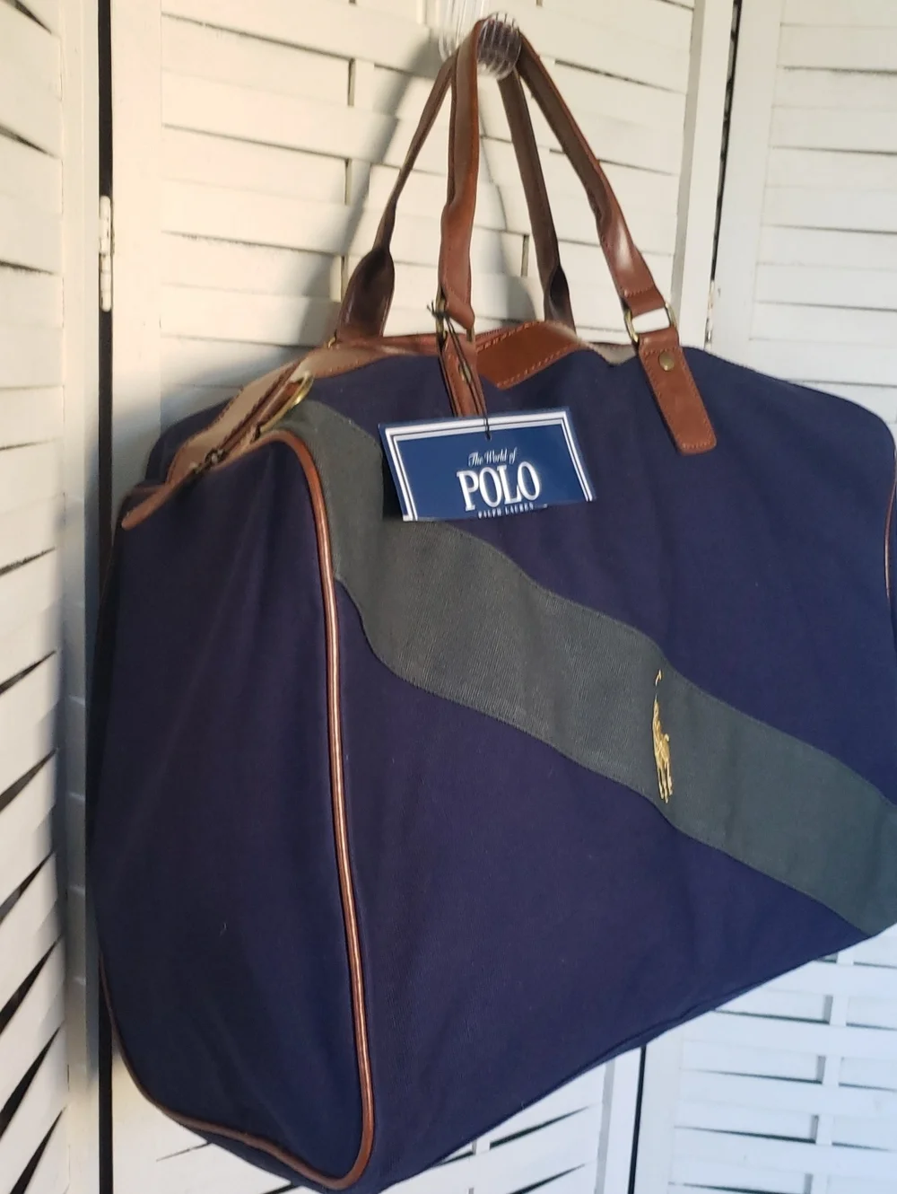 Polo by Ralph Lauren Navy & Green Diagonal Stripe Travel Canvas Duffel Bag New